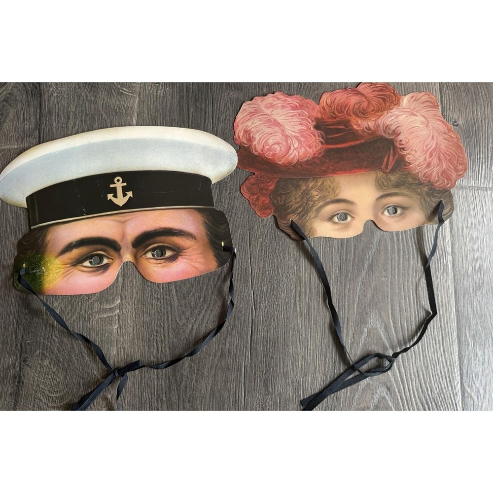 2 Vtg Victorian Edwardian Woman Feather Hat Eye Mask Costume Theater , Sailor